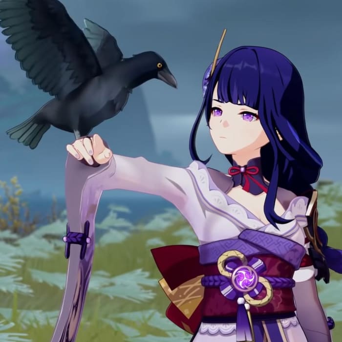 Genshin Impact's Raiden Shogun letting a bird land on her arm.