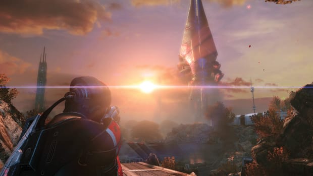 Commander Shepard stares down a reaper in Mass Effect Legendary Edition.