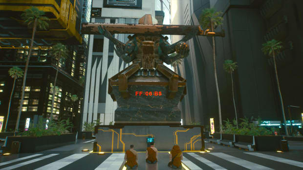 A statue in Cyberpunk 2077 showing a mystery sequence.