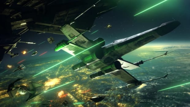 A battle between starfighters in space.