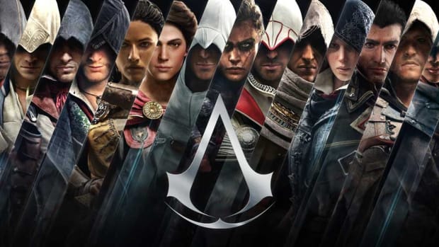 Assassin's Creed logo with all the protagonists in the background