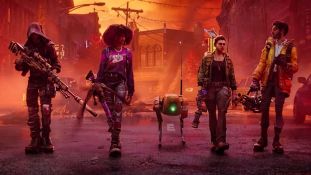 The Doom team helped Arkane get Redfall’s FPS elements right: Four rugged people - two women and two men - walk down a bloodstained street. They're carrying guns, and a small robot is walking between them