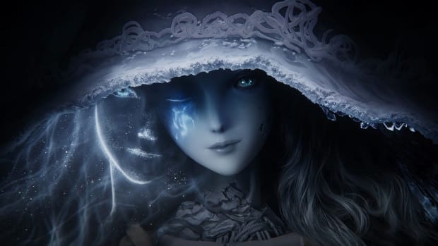 Elden Ring and God of War lead the DICE Awards nominees: An animated woman with blue porcelain skin and a lacy blue witch hat is looking straight into the camera. A ghostly double image appears to her right side