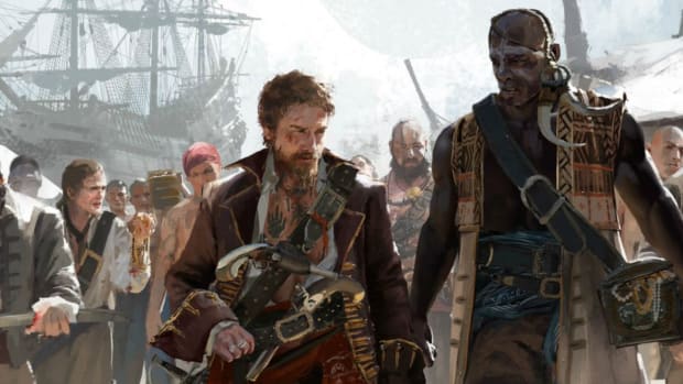 Skull and Bones has a story after all – sort of: An oil painting-style image shows a white man in a large red collared coat standing next to a black man in a beige coat. Behind them is a crowd of indistinguishable people and a large galleon