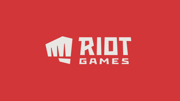 Logo of Riot Games on a red background.