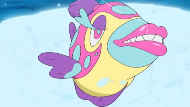 Mutekimaru’s Pokemon-playing fish committed credit card fraud: An animated fish with big teeth and large pink lips is leaping out of the water. It has heavy-lidded violet eyes and yellow and pink patterns across its body