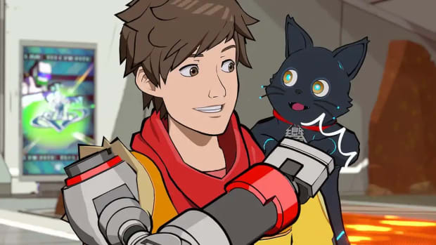 Fans think the Hi-Fi Rush cat should be Xbox’s mascot: An anime young man with large brown eyes and short brown hair, with a mechanical right arm, is performing a fist bump with a black cat. The cat has large green eyes and a red collar