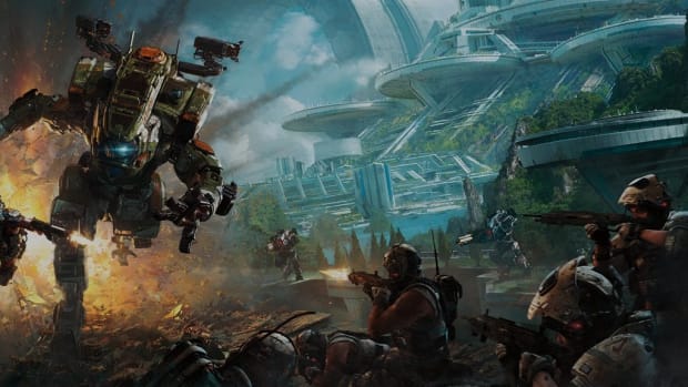 Titanfall 2 artwork showing himan soldiers battling a titan mech.