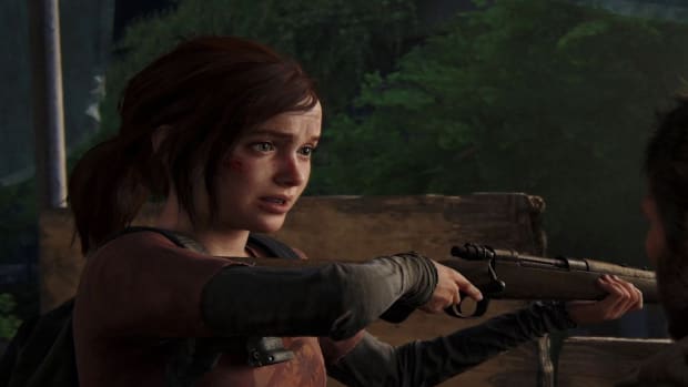 The Last of Us Part 1 on PC is delayed thanks to the HBO show: An animated teenage girl with brown hair in a ponytail, wearing a reddish-pink shirt, is holding a rifle in both hands. She has a worried expression on her face