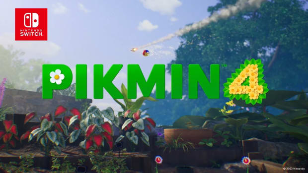 Pikmin 4 title in front of a garden background.