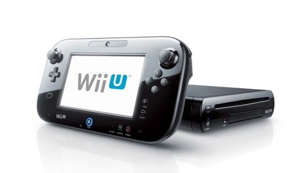 Black Wii U in front of white background.
