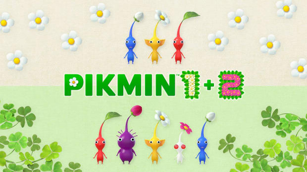 Various types of Pikmin stand either side of the series wordmark, which reads "Pikmin 1+2"