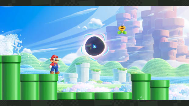 A Super Mario Bros Wonder screenshot showing Mario staring at a void