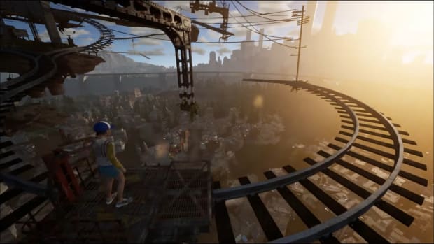 A screenshot from Only Up showing the player standing on a platform above a train track suspended in midair