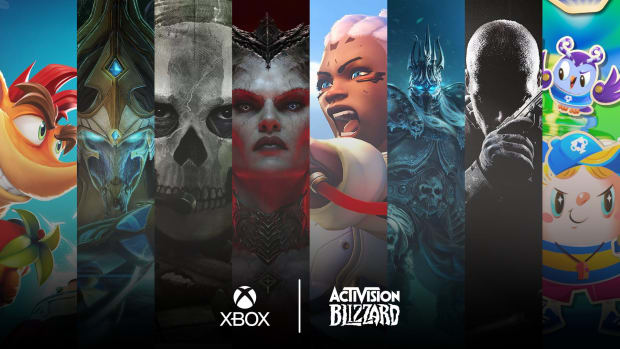 Xbox and Activision Blizzard logos in white on top of a collage of game characters from Activision Blizzard games.