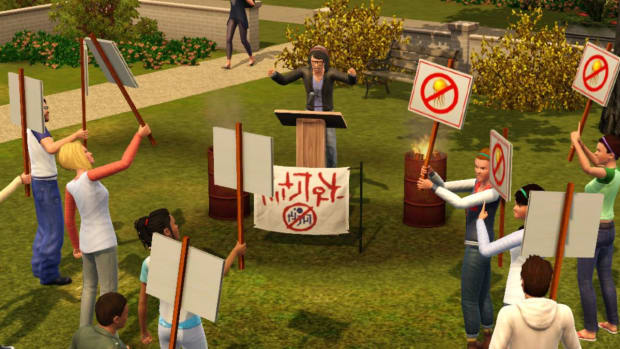 A screenshot from the University Life expansion for The Sims 3 showing multiple Sims characters holding signs and protesting