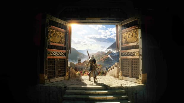 Key art for Assassin's Creed Codename Jade showing the protagonist with blades out standing in front of an open Chinese-themed door with mountains visible