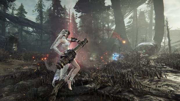 Naraka: Bladepoint screenshot of a lightly-clad woman using a heavy cannon in battle.