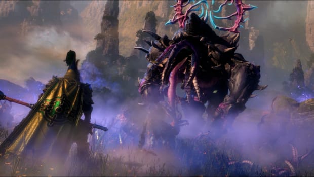 Total War: Warhammer 3 Celestial General facing a Mutalith.