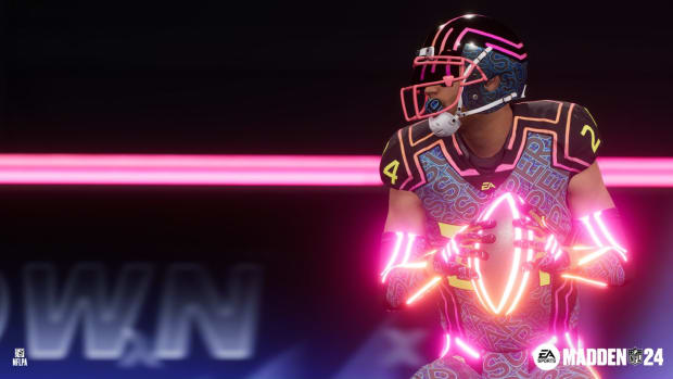 Madden NFL 24 screenshot of a player with a glowing uniform.