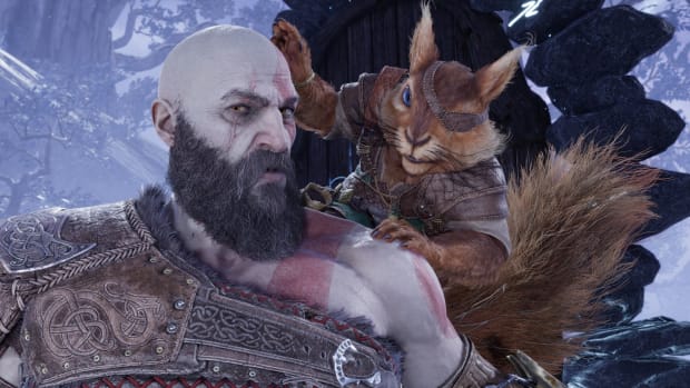 Kratos and Ratatoskr in a screenshot from God of War Ragnarök
