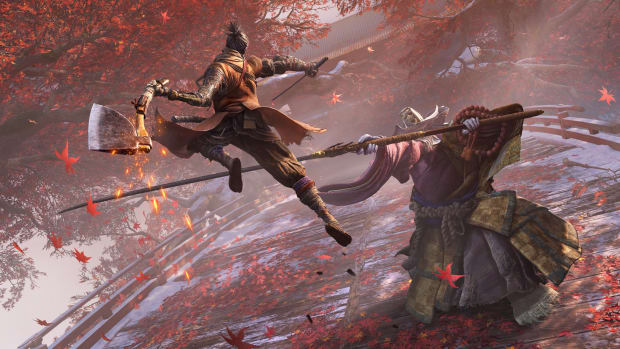 Sekiro protagonist attacking with an axe on an enemy holding up a long blade