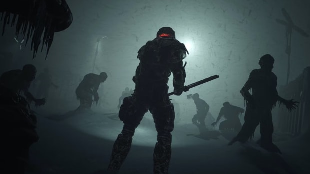 The player braves the surface of Jupiter's moon in The Callisto Protocol. Bodies of prisoners are frozen to the ground all around.