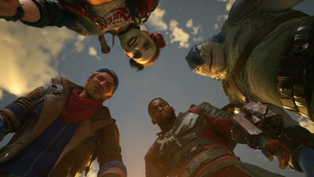 Deadshot, Harley Quinn, King Shark, and Boomerang stare down into the camera in Suicide Squad: Kill the Justice League