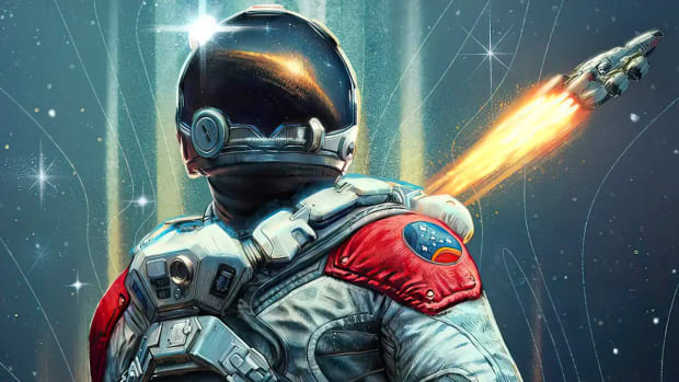 Starfield's main character, in a white and red spacesuit, looks toward the stars as a rocket blasts off behind him