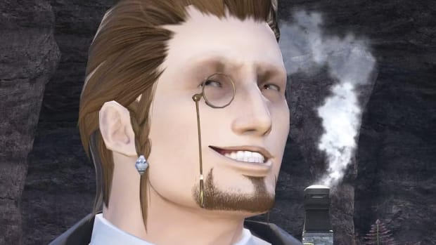 Final Fantasy 14's Hildebrand smirks at the camera. He's wearing his signature monocle and hair braid ornament.