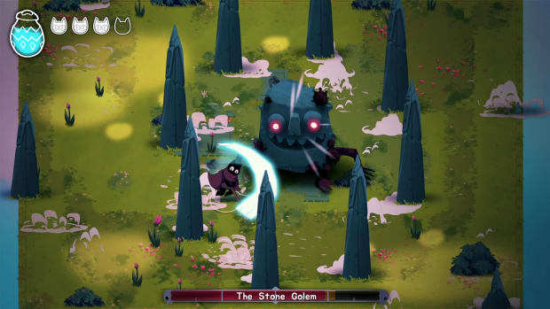 A screenshot of Crypt Custodian with a cat attacking a large robot.