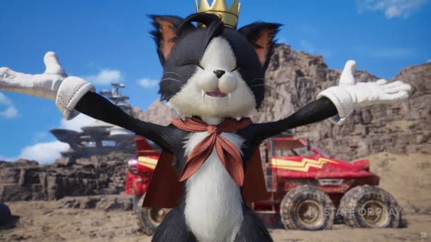 Final Fantasy 7 Rebirth's Cait Sith stands in front of a mud buggy with his hands spread wide