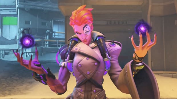 Overwatch 2's Moira balances two orbs of purple energy in both hands