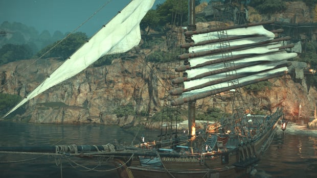 A small Skull and Bones ship stalls in the water near cobalt locations