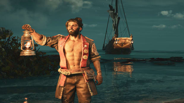 A Skull and Bones player character washed up on shore after his boat sank while chasing casting sand