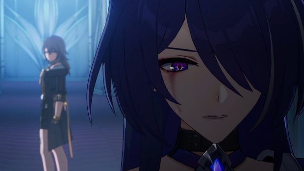 Honkai: Star Rail screenshot showing Acheron crying with the Trailblazer in the background.