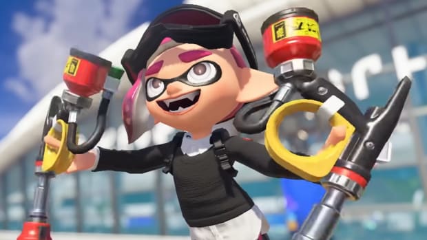 A Splatoon 3 Inkling twirls two Dualie blasters in both hands in front of an airport terminal