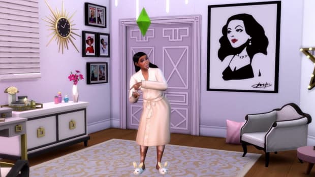 A Sims 4 version of Winnie Harlow, standing in her Sims home wearing a robe and rabbit slippers