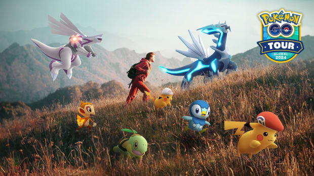 Pokémon Go poster showing a trainer wander the wilderness with several Pokémon at their side.