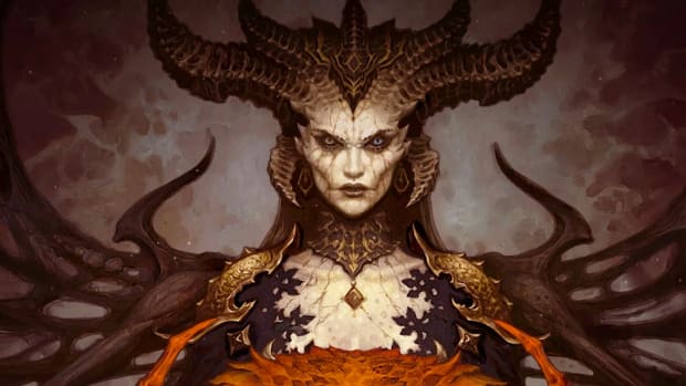 A mosaic depiction of Diablo 4's Lilith depicted against an ominous grey backdrop