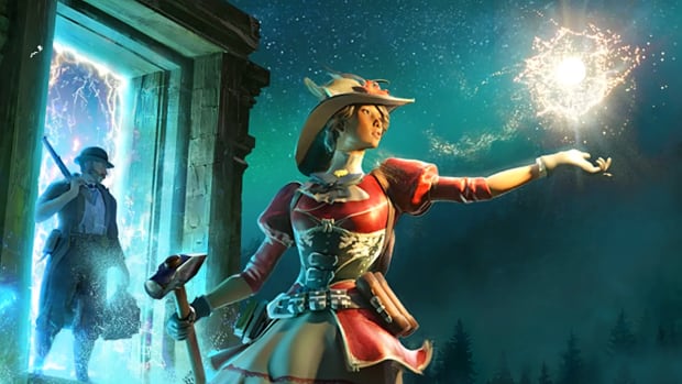 A Nightingale player in a red dress with a fancy fedora, holding a shining ball of white energy in her left hand