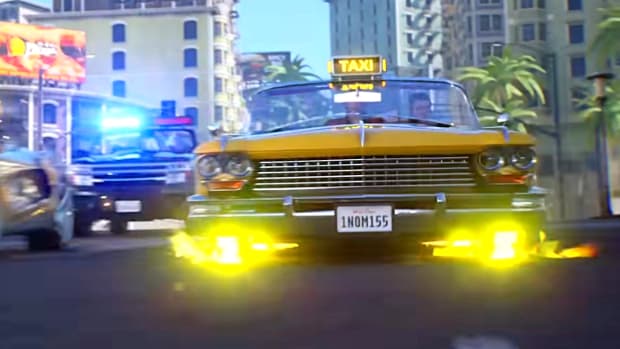 A taxi from Sega's Crazy Taxi reboot speeds down a busy city street with a police car in hot pursuit