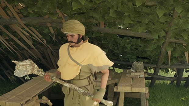 A Nightingale player stands near several crafting benches under a leafy wooden tent