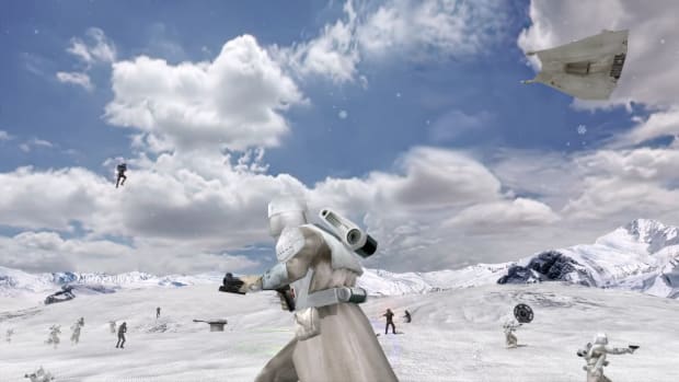 Screenshot from Star Wars Battlefront Classic showing the battle of Hoth.