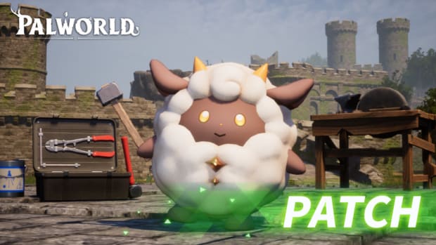 Palworld Patch notes Lamball holding a hammer