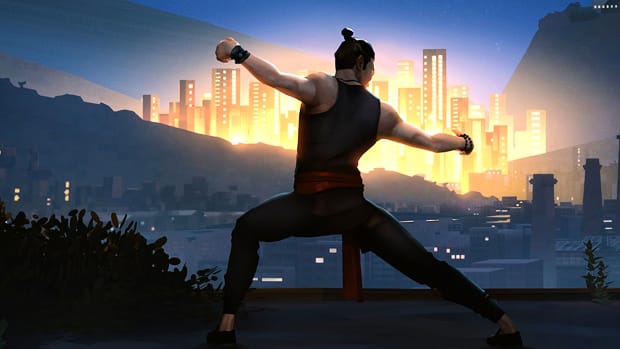 Sifu's protagonist as a middle-aged adult, standing on a hill overlooking a city skyline