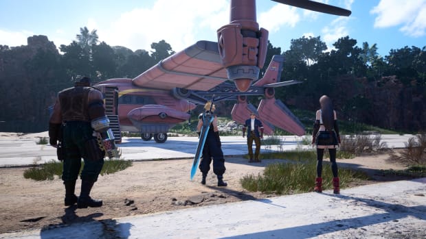 Final Fantasy 7 screenshot featuring Barret, Cloud, Tifa, and Cid.