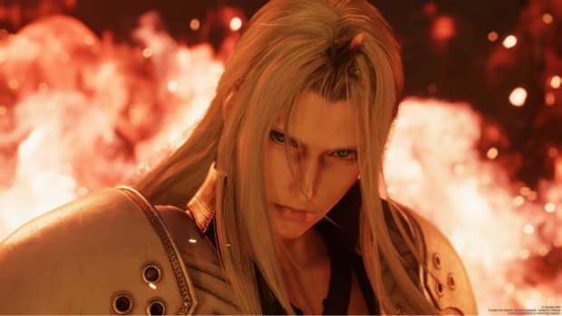Sephiroth surrounded by flames in a screenshot from FF7 Rebirth