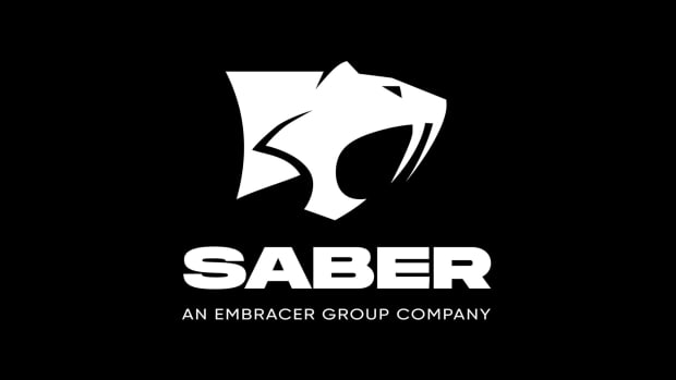 Saber Interactive's logo, featuring a white sabertoothed tiger head on a black background and the words "Saber: An Embracer Group Company"