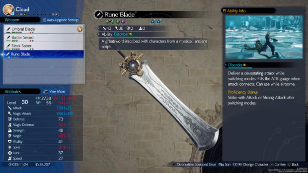 A screenshot of the weapon stats screen in FF7 Rebirth